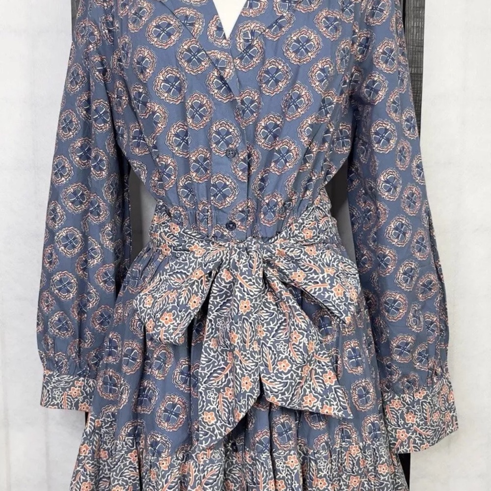 Roller Rabbit Primrose Shea Printed Long Puff Sleeve Notch Collar Dress. Size: L - Picture 7 of 9